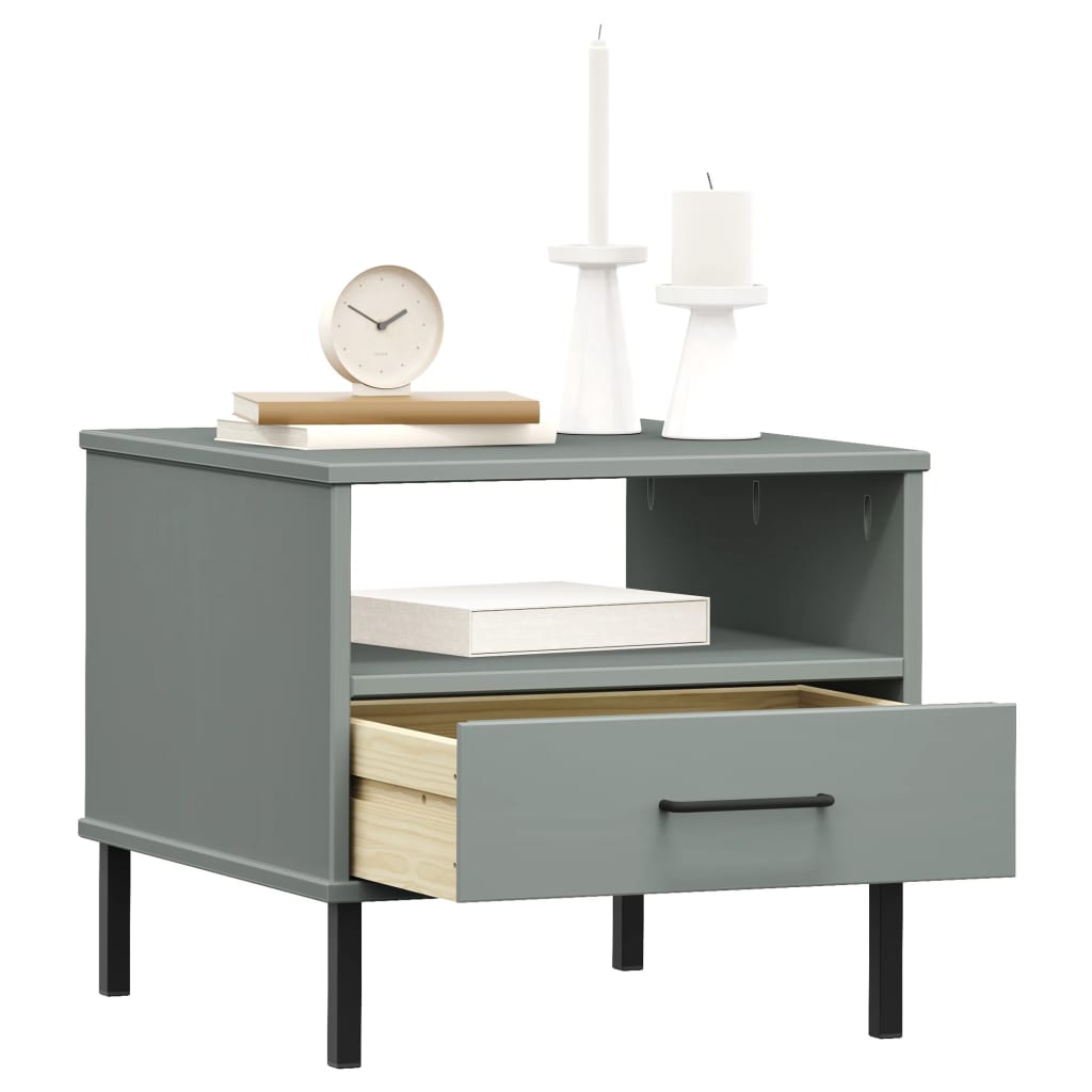 vidaXL Bedside Table with Metal Legs Grey Solid Wood Pine OSLO 3