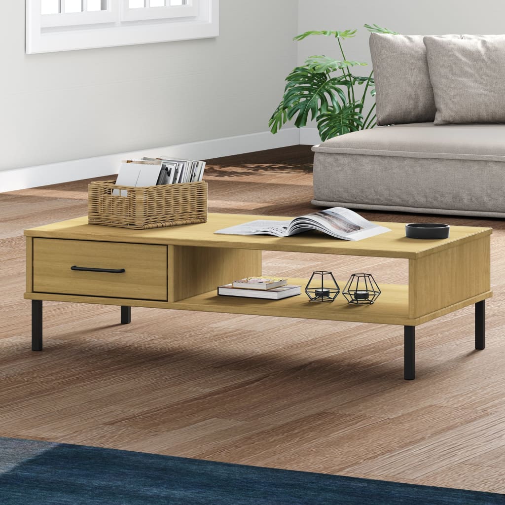 vidaXL Coffee Table with Metal Legs Brown Solid Wood Pine OSLO 1