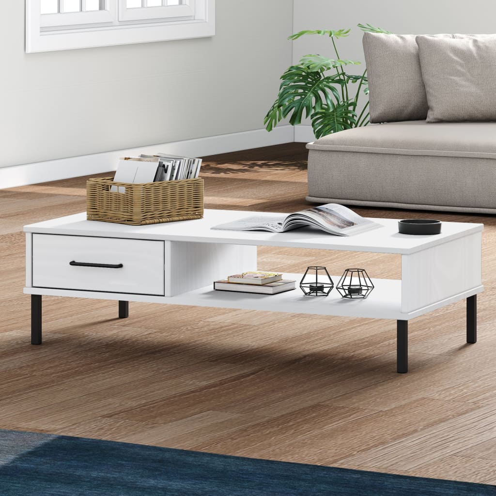 vidaXL Coffee Table with Metal Legs White Solid Wood Pine OSLO 1