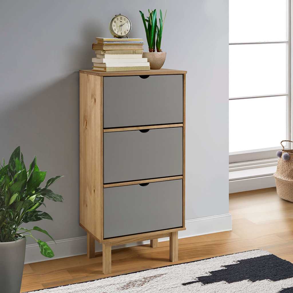 vidaXL Shoe Cabinet OTTA with 3 Drawers Brown&Grey Solid Wood Pine 1