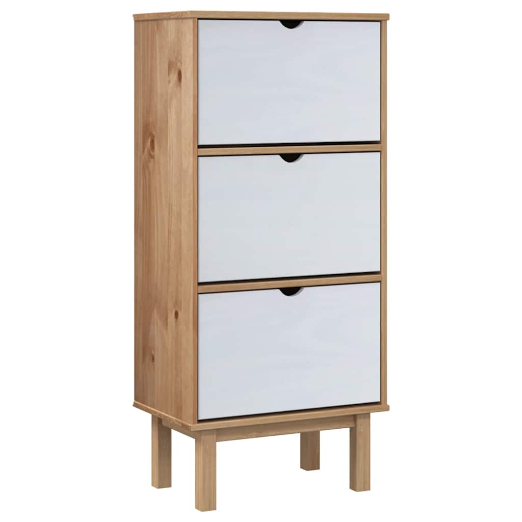 vidaXL Shoe Cabinet OTTA with 3 Drawers Brown&White Solid Wood Pine 2