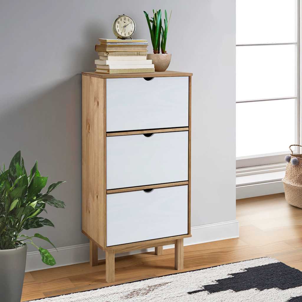 vidaXL Shoe Cabinet OTTA with 3 Drawers Brown&White Solid Wood Pine 1