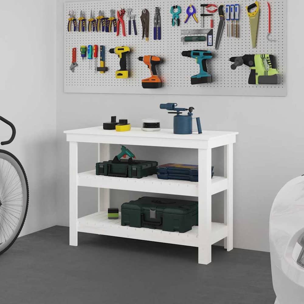 Work Bench Solid Wood Pine White 110.5 x 50 x 80 cm