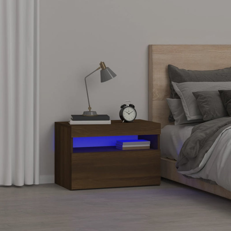 Bedside Cabinet with LED Lights Brown Oak 60x35x40 cm