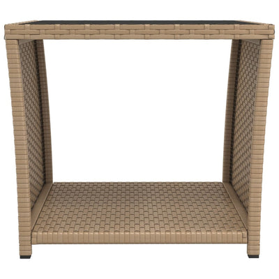 Tea Table with Glass Top Beige Poly Rattan&Tempered Glass