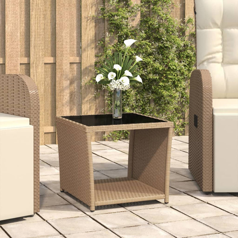 Tea Table with Glass Top Beige Poly Rattan&Tempered Glass