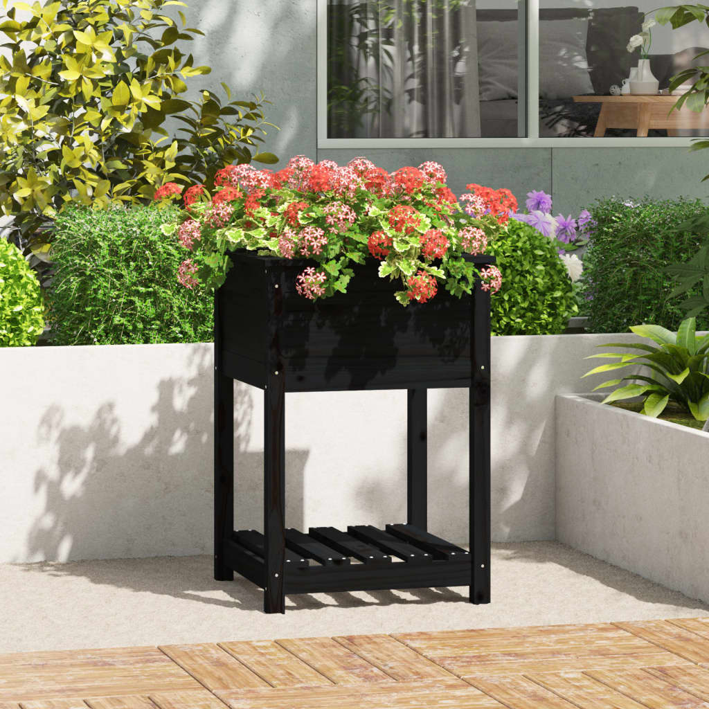 vidaXL Planter with Shelf Black 54x54x81 cm Solid Wood Pine 1