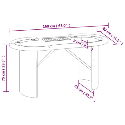 Mesa de póquer para 10 jugadores con bandeja para fichas verde 160x80x75 cm