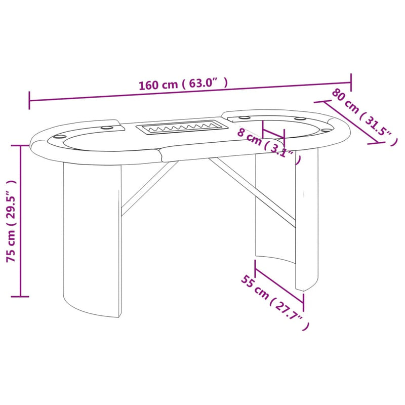 Mesa de póquer para 10 jugadores con bandeja para fichas verde 160x80x75 cm