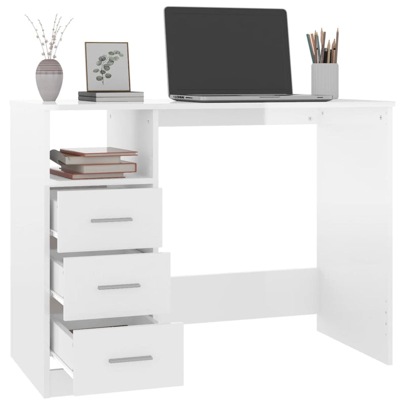 Desk with Drawers High Gloss White 102x50x76 cm Engineered Wood