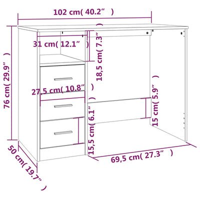 Desk with Drawers High Gloss White 102x50x76 cm Engineered Wood