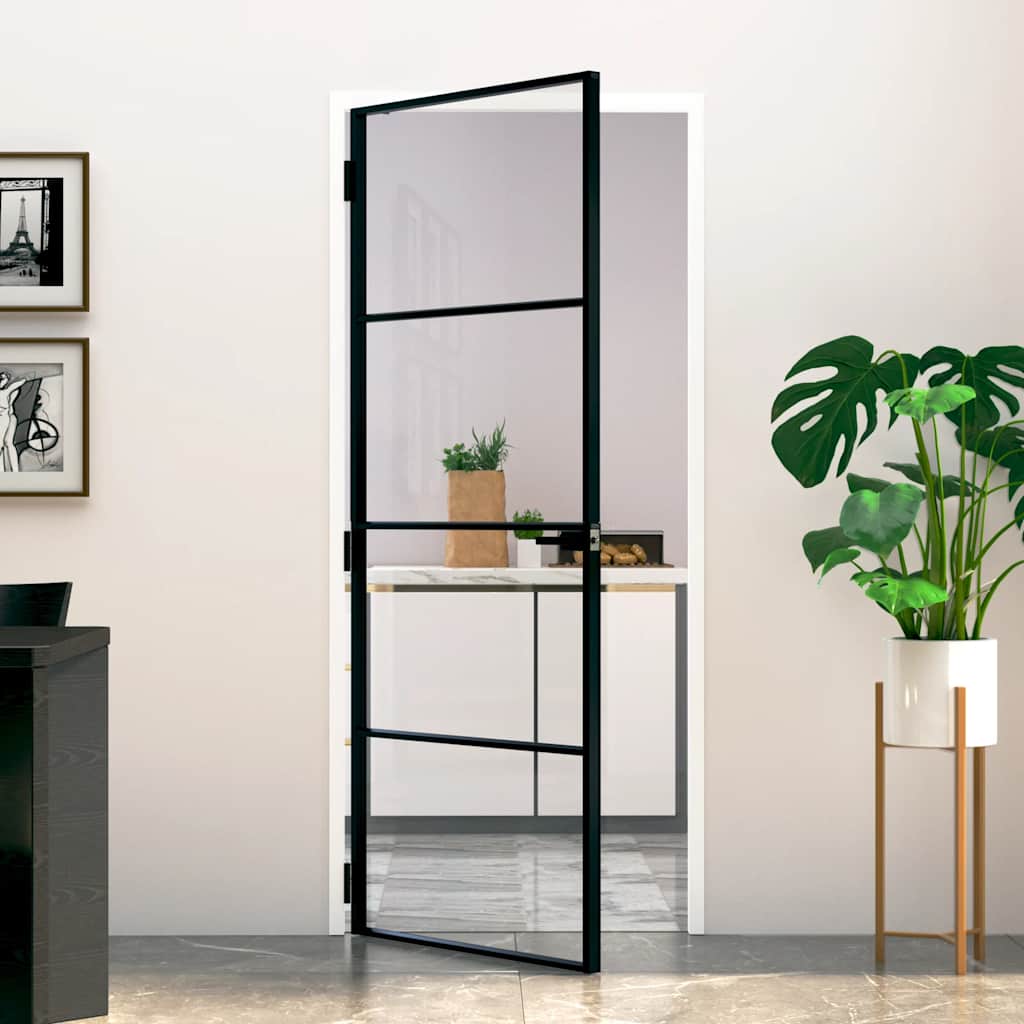 Interior Door Slim Black 83x201.5 cm Tempered Glass&Aluminium 3 Horizontal Bars Black and transparent