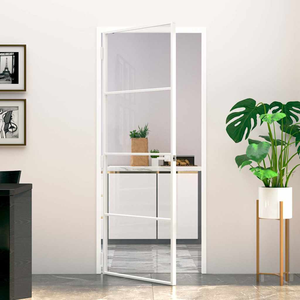 Interior Door Slim Black 83x201.5 cm Tempered Glass&Aluminium 3 Horizontal Bars White and transparent