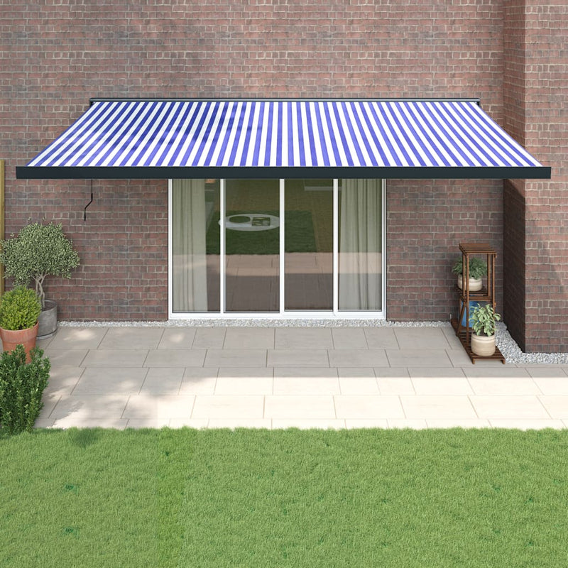 Retractable Awning Blue and White 5x3 m Fabric and Aluminium