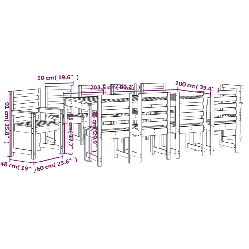 Juego de comedor de jardín de 11 piezas de madera maciza de pino blanco
