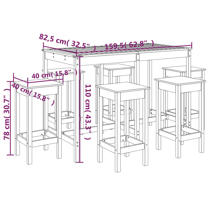 7 Piece Garden Bar Set Solid Wood Pine