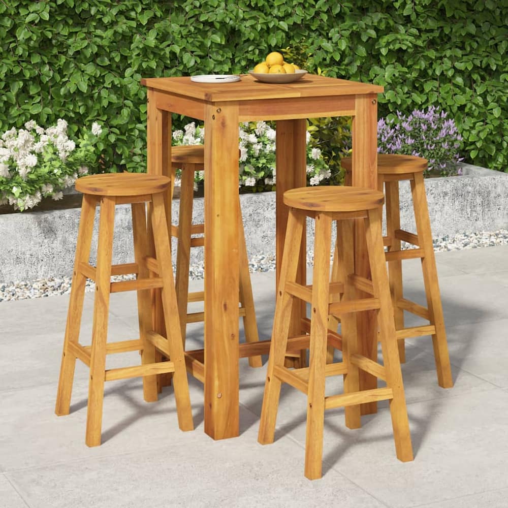 5 Piece Garden Bar Set Solid Wood Acacia 60 cm table length Bar stools with round seat 4