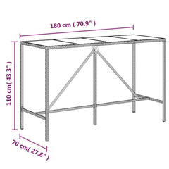 Bar Table with Glass Top Poly Rattan Grey 180 x 70 x 110 cm
