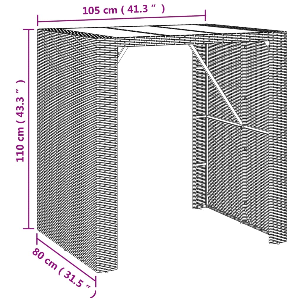 Bar Table with Glass Top Poly Rattan Grey 105 x 80 x 110 cm