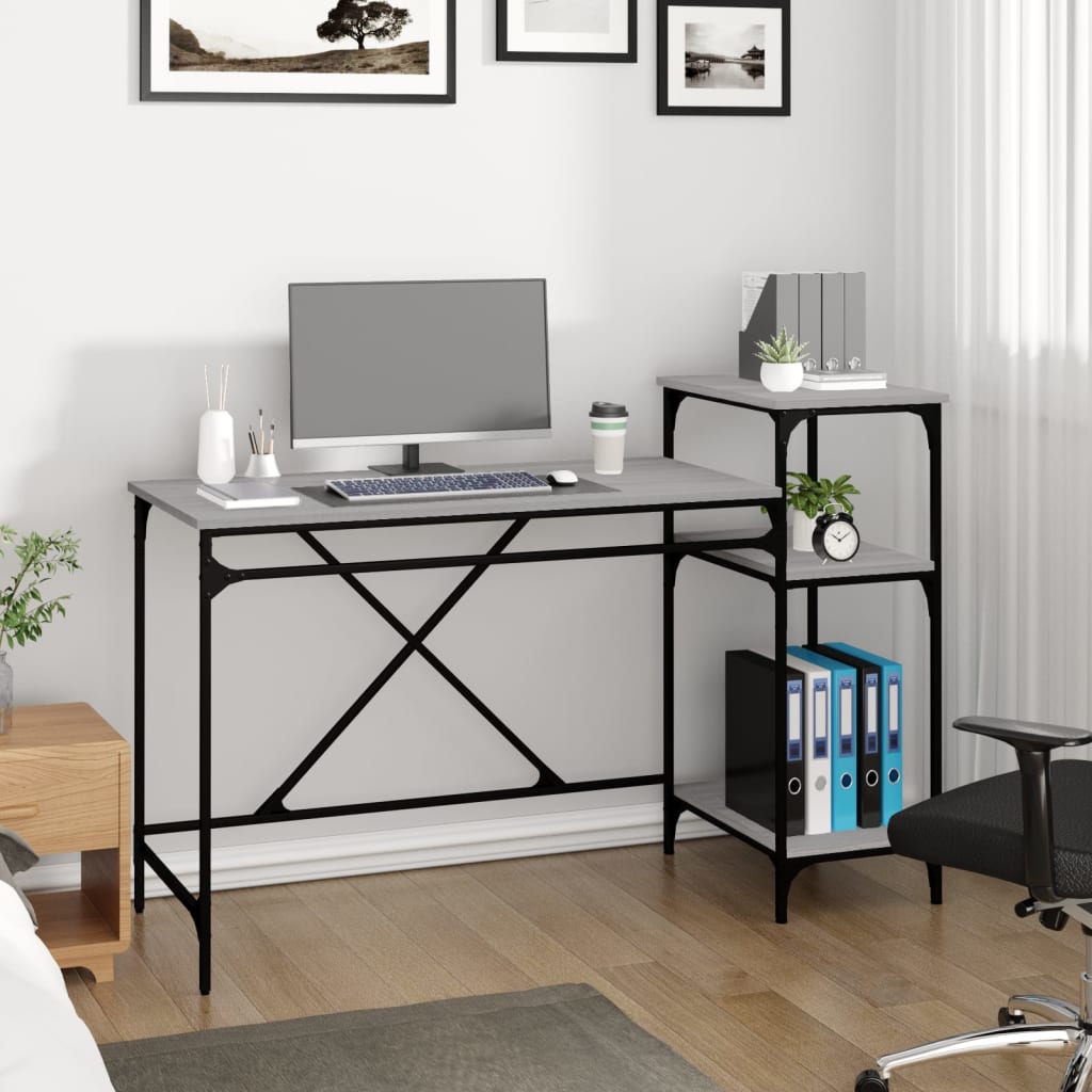 vidaXL Desk with Shelves Grey Sonoma 135x50x90 cm Engineered Wood&Iron 3