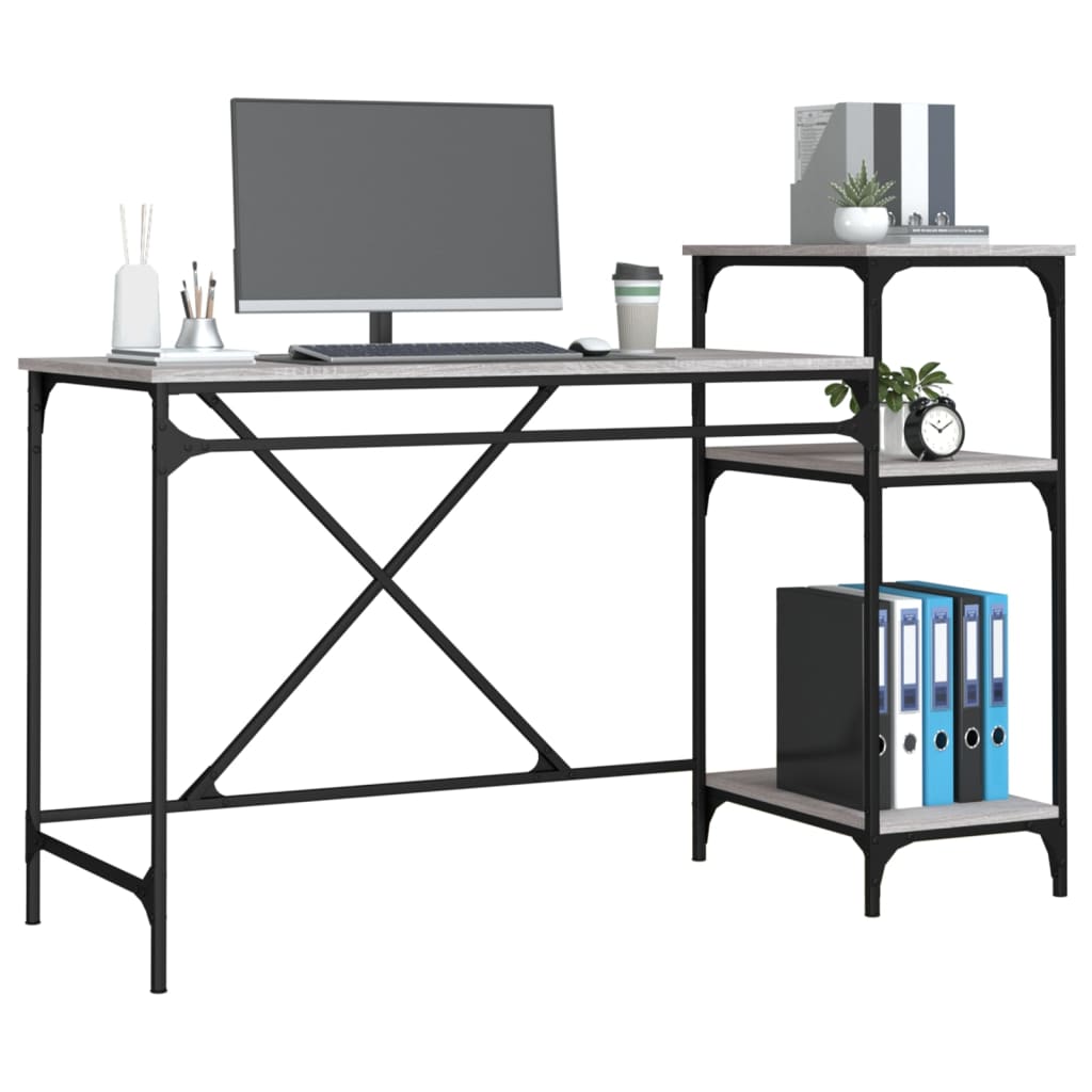 vidaXL Desk with Shelves Grey Sonoma 135x50x90 cm Engineered Wood&Iron 4