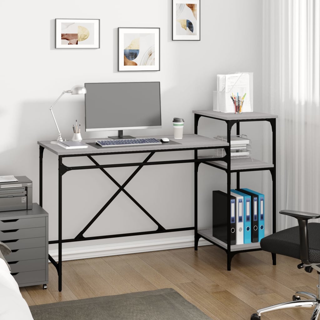 vidaXL Desk with Shelves Grey Sonoma 135x50x90 cm Engineered Wood&Iron 1