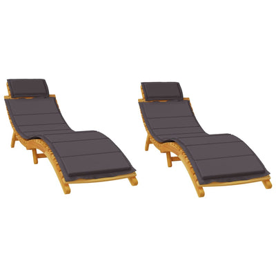 Sun Loungers 2 pcs with Dark Grey Cushions Solid Wood Acacia