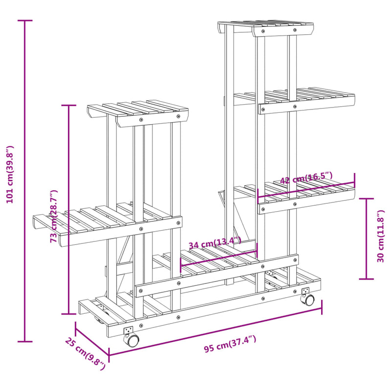 Flower Stand with Wheels 95x25x101 cm Solid Wood Fir
