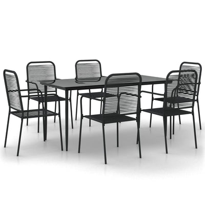 7 Piece Garden Dining Set Black Cotton Rope and Steel