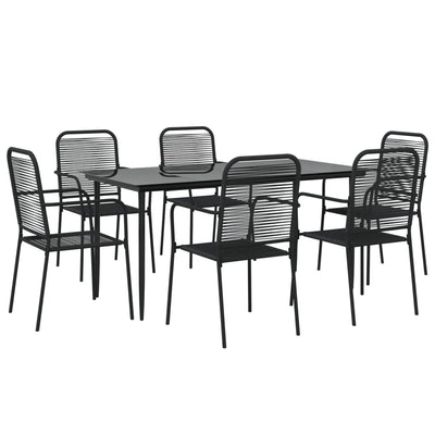 7 Piece Garden Dining Set Black Cotton Rope and Steel