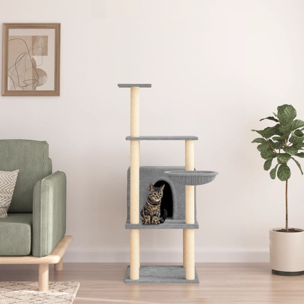 vidaXL Cat Tree with Sisal Scratching Posts Light Grey 132 cm 1