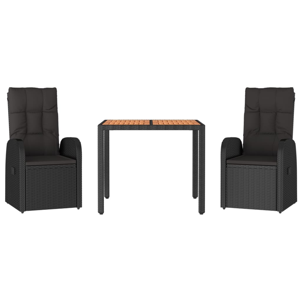 5 Piece Garden Dining Set Black Poly Rattan&Solid Wood Acacia 90 x 90 x 75 cm 2x reclining chair
