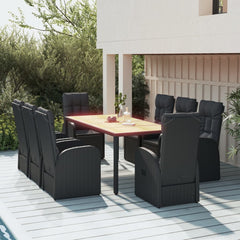 5 Piece Garden Dining Set Black Poly Rattan&Solid Wood Acacia 190 x 90 x 75 cm 6x reclining chair with backrest + 2x reclining chair with backrest and footrest