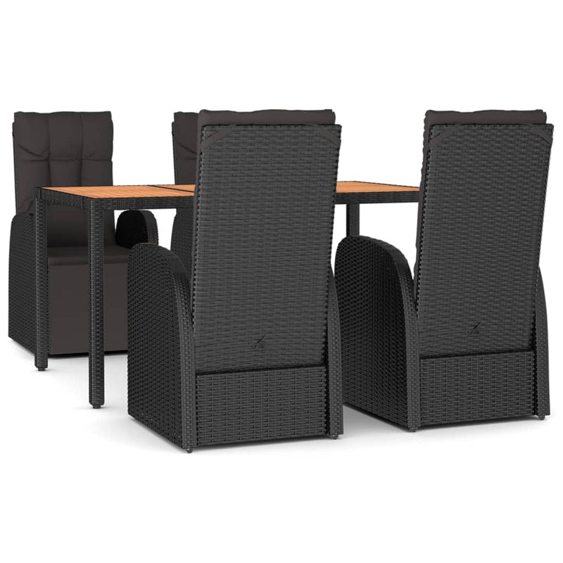 5 Piece Garden Dining Set Black Poly Rattan&Solid Wood Acacia