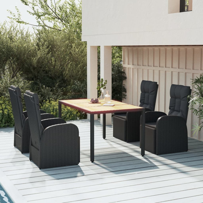 5 Piece Garden Dining Set Black Poly Rattan&Solid Wood Acacia