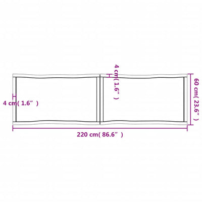 Table Top Dark Brown 220x60x(2-4) cm Treated Solid Wood Live Edge