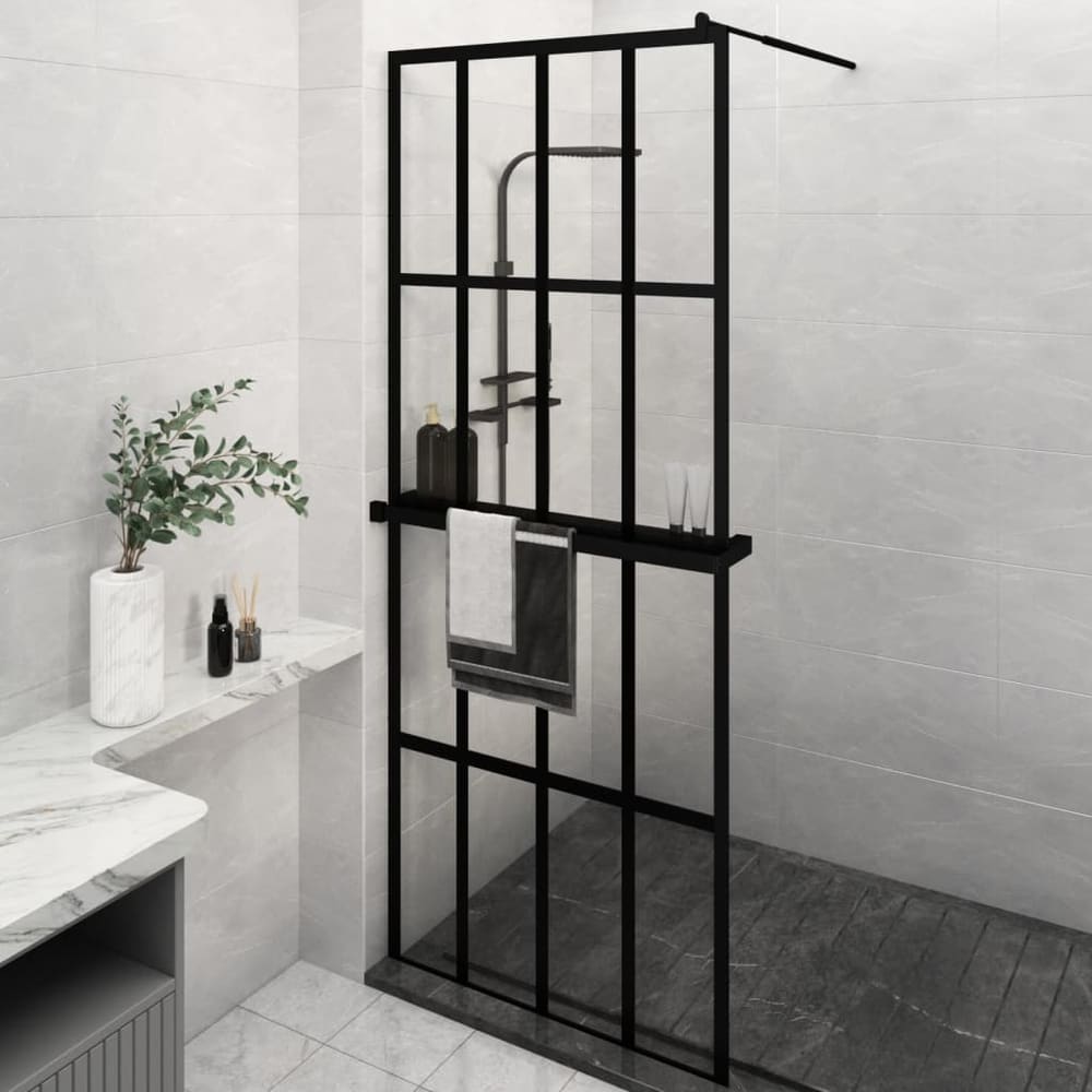 Walk-in Shower Wall with Shelf Black 4x4 Grids Transparent 80 cm 195 cm