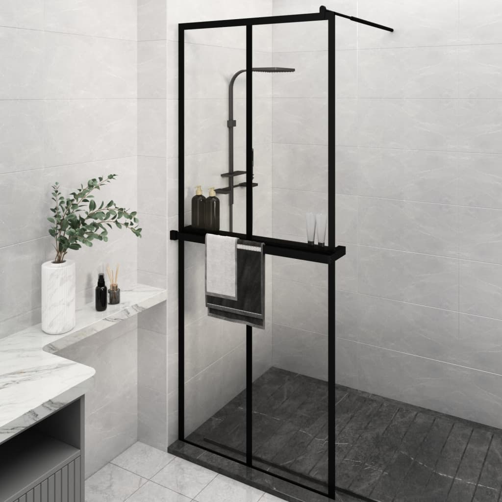 Walk-in Shower Wall with Shelf Black 2x2 Grids Transparent 80 cm 195 cm