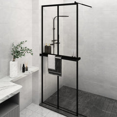 Walk-in Shower Wall with Shelf Black 2x2 Grids Transparent 80 cm 195 cm