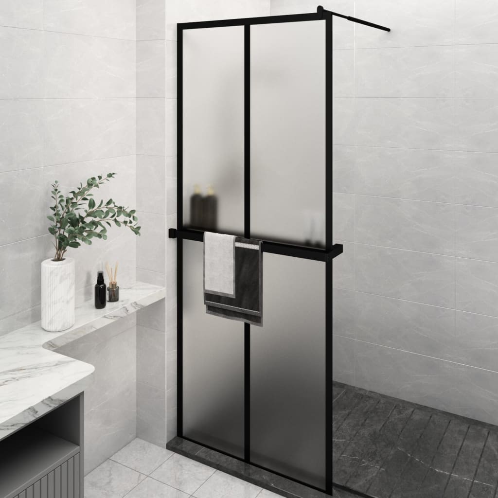 Walk-in Shower Wall with Shelf Black 2x2 Grids Frosted 80 cm 195 cm