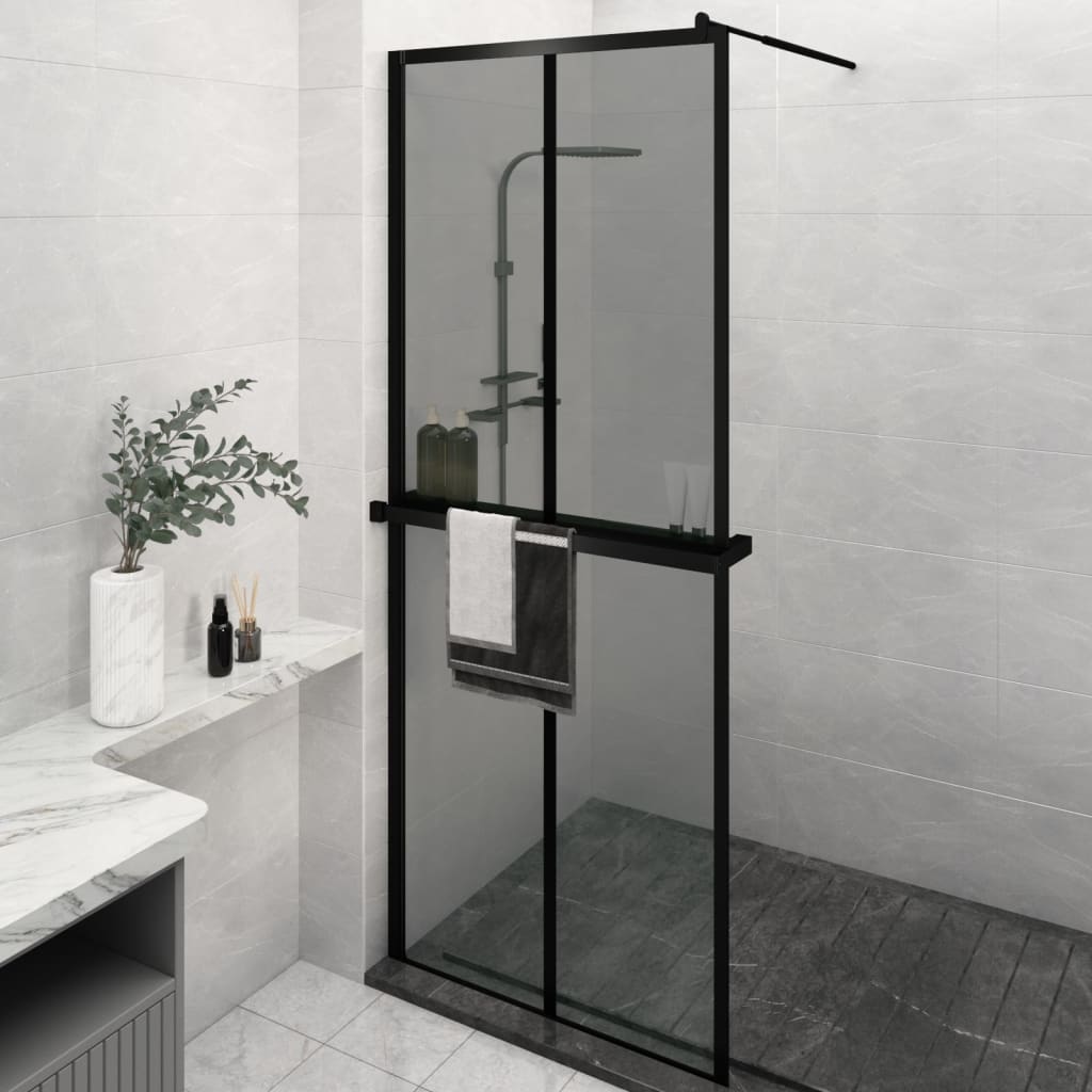 Walk-in Shower Wall with Shelf Black 2x2 Grids Black 80 cm 195 cm