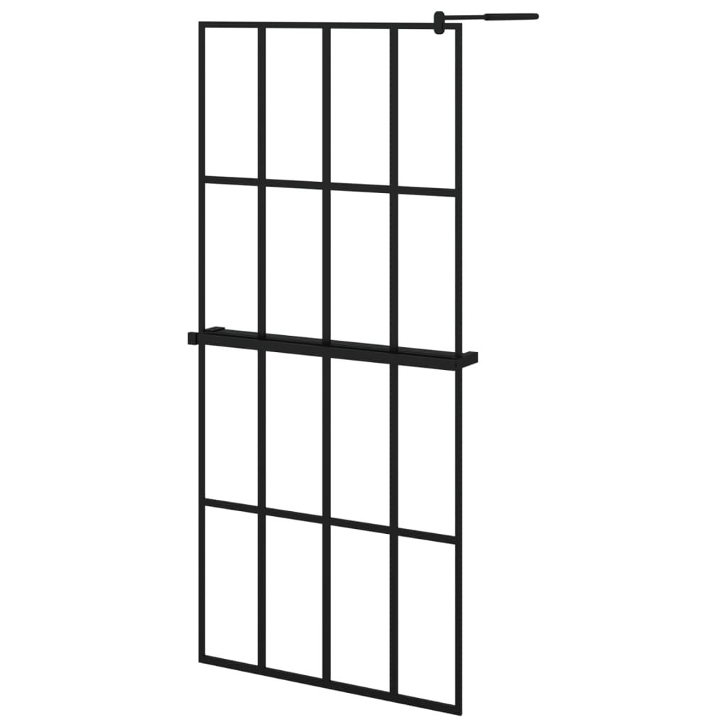 Walk-in Shower Wall with Shelf Black 4x4 Grids Transparent 90 cm 195 cm