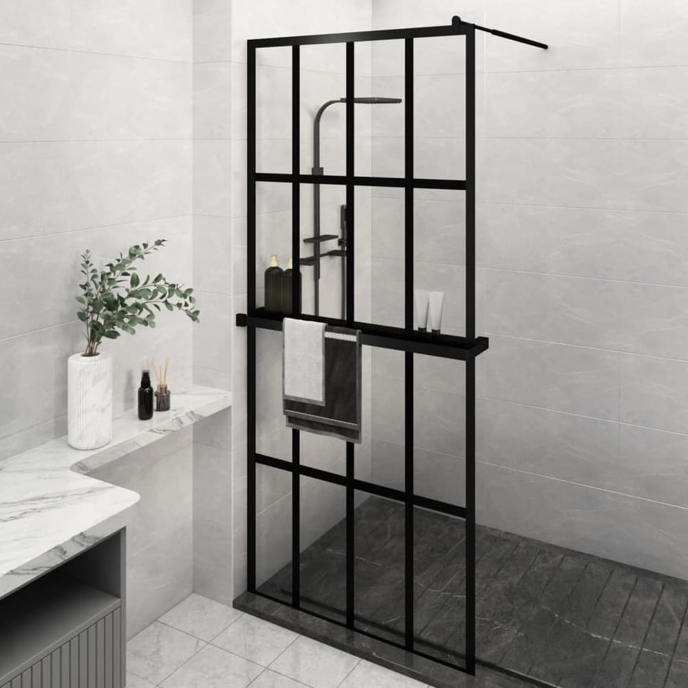 Walk-in Shower Wall with Shelf Black 4x4 Grids Transparent 90 cm 195 cm