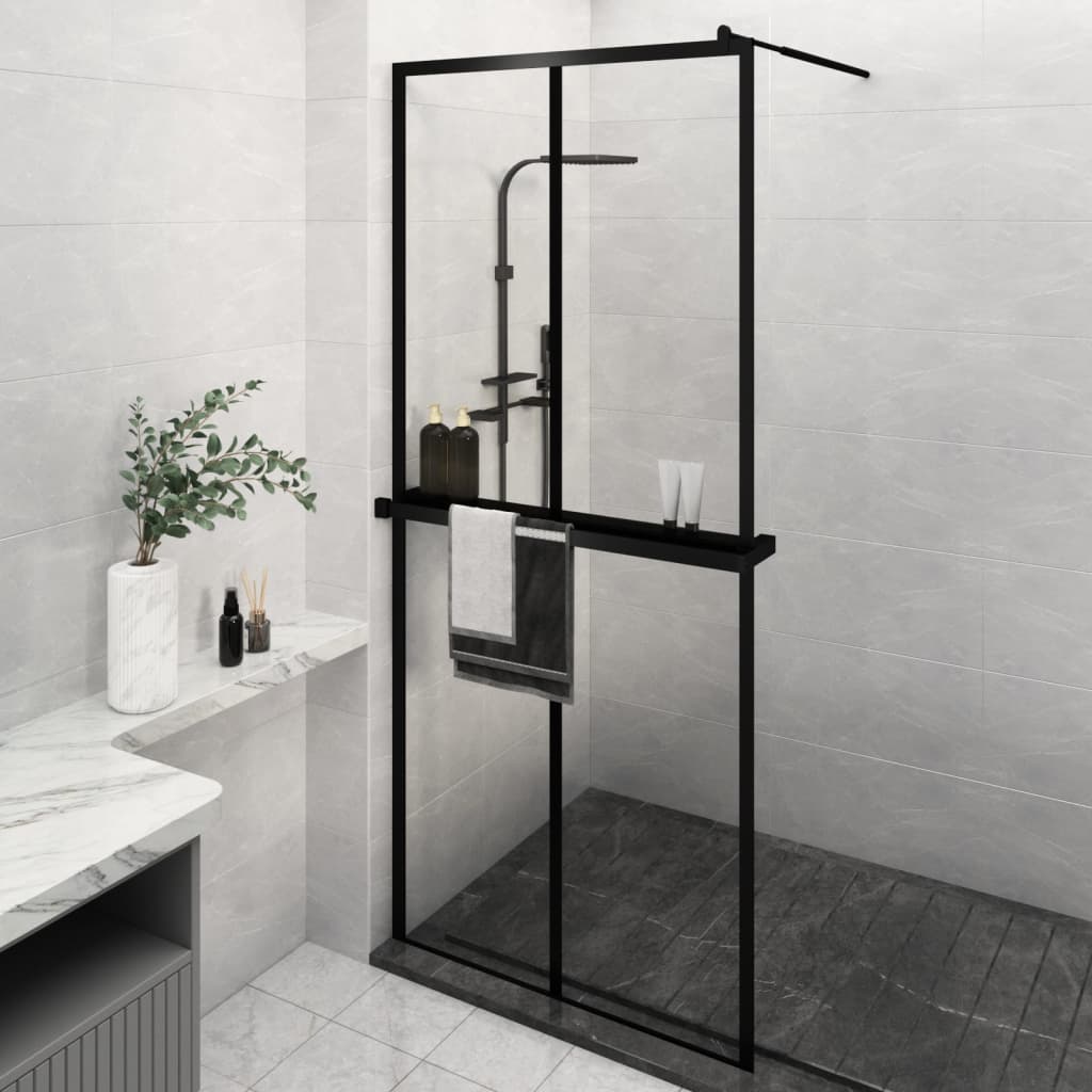 Walk-in Shower Wall with Shelf Black 2x2 Grids Transparent 90 cm 195 cm