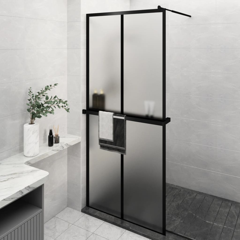 Walk-in Shower Wall with Shelf Black 2x2 Grids Frosted 90 cm 195 cm
