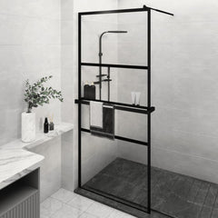 Walk-in Shower Wall with Shelf Black 90 x 195 cm 2 horizontal bars