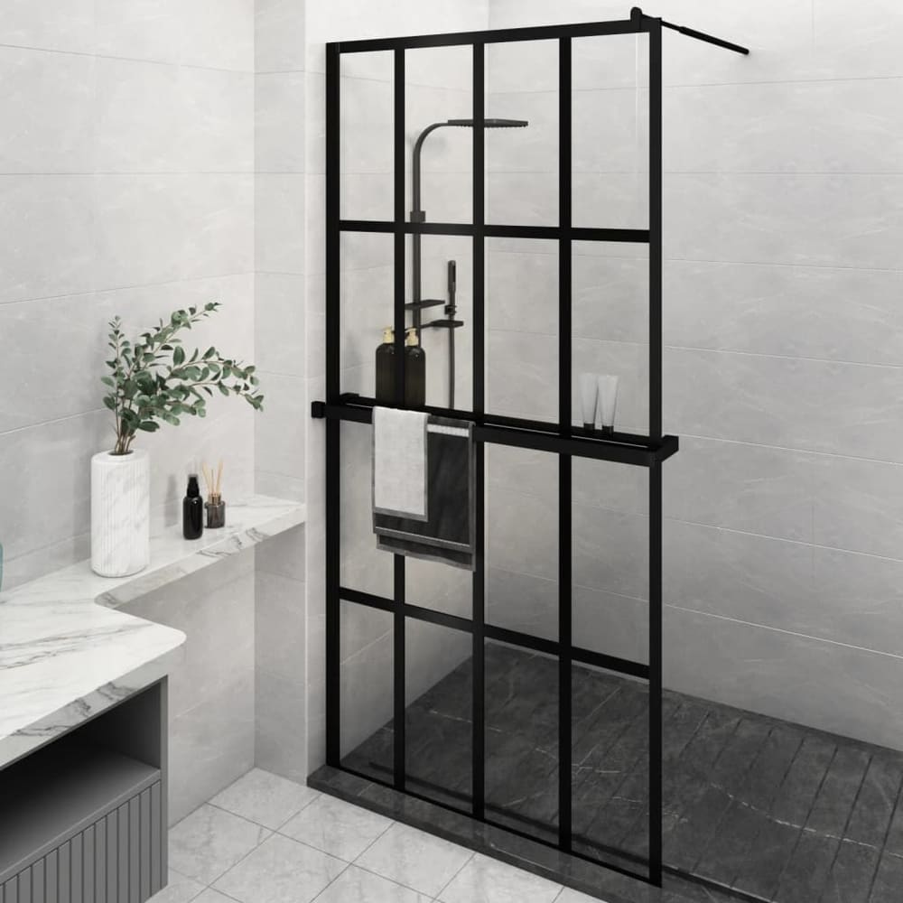 Walk-in Shower Wall with Shelf Black 4x4 Grids Transparent 118 cm 190 cm