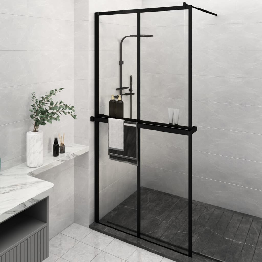 Walk-in Shower Wall with Shelf Black 2x2 Grids Transparent 118 cm 190 cm