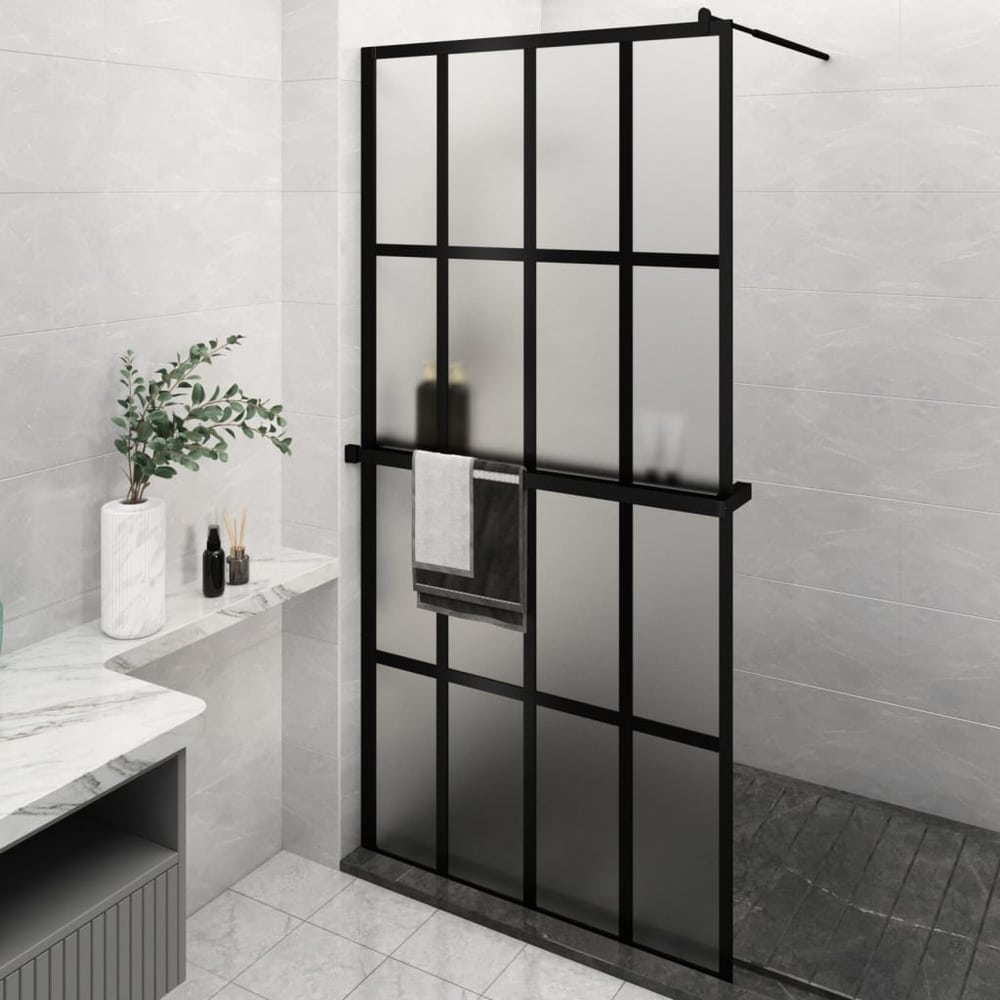 Walk-in Shower Wall with Shelf Black 4x4 Grids Frosted 118 cm 190 cm