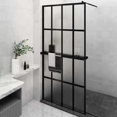Walk-in Shower Wall with Shelf Black 4x4 Grids Frosted 118 cm 190 cm